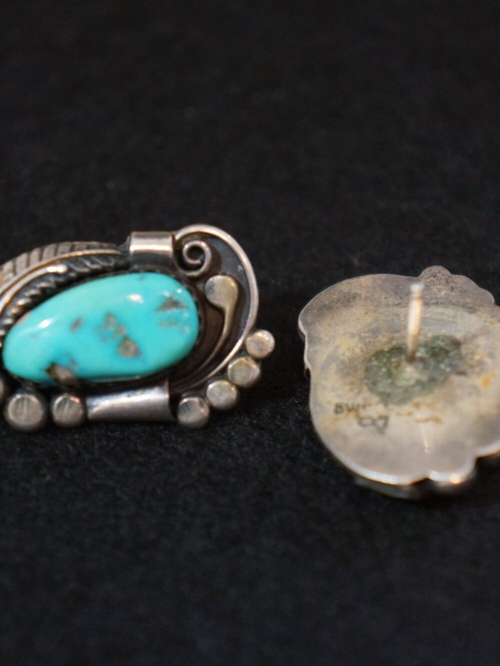 Vintage Navajo Sterling Silver Turquoise Earrings Signed AB Anna Abraham Begay - Picture 4 of 5